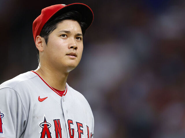 ATLANTA, GA - JULY 22: Shohei Ohtani #17 of the Los Angeles Angels reacts after being pulled from the game during the seventh inning against the Atlanta Braves at Truist Park on July 22, 2022 in Atlanta, Georgia.