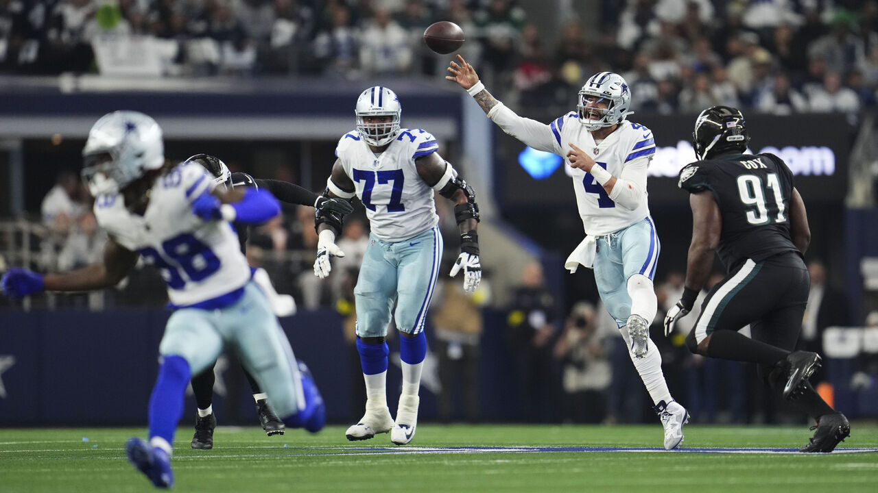 ARLINGTON, TX - DECEMBER 24: Dak Prescott #4 of the Dallas Cowboys throws the ball against the Philadelphia Eagles at AT&T Stadium on December 24, 2022 in Arlington, Texas.