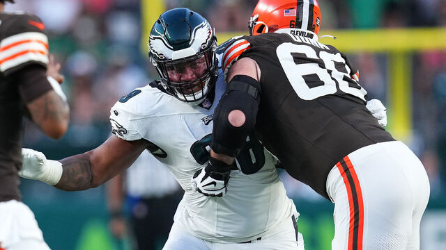 PHILADELPHIA, PENNSYLVANIA - AUGUST 17: Michael Dunn #68 of the Cleveland Browns blocks Jalen Carter #98 of the Philadelphia Eagles during the preseason game at Lincoln Financial Field on August 17, 2023 in Philadelphia, Pennsylvania. The Browns tied the Eagles 18-18.