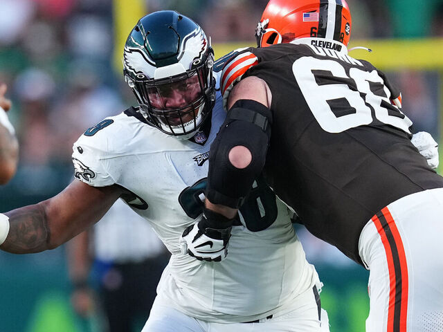 PHILADELPHIA, PENNSYLVANIA - AUGUST 17: Michael Dunn #68 of the Cleveland Browns blocks Jalen Carter #98 of the Philadelphia Eagles during the preseason game at Lincoln Financial Field on August 17, 2023 in Philadelphia, Pennsylvania. The Browns tied the Eagles 18-18.