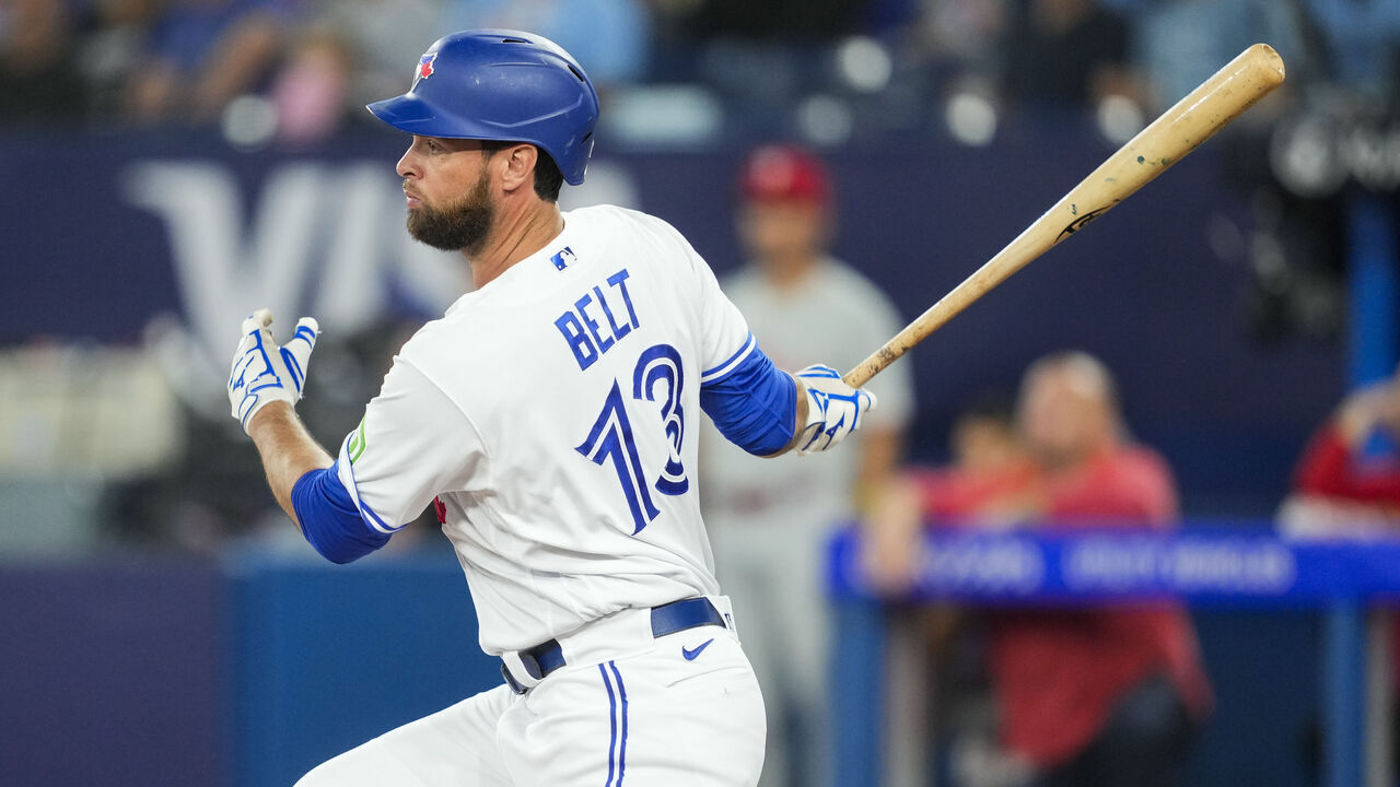 TORONTO, ON - AUGUST 15: Brandon Belt #13 of Toronto Blue Jays takes an at bat against the Philadelphia Phillies during the fourth inning in their MLB game at the Rogers Centre on August 15, 2023 in Toronto, Ontario, Canada.