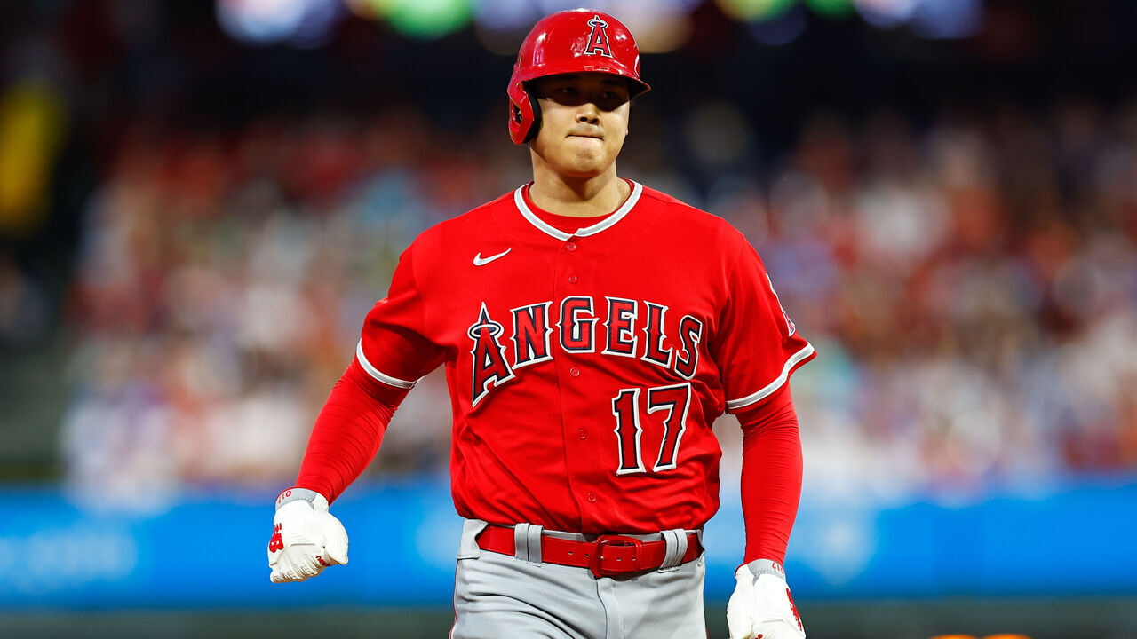 PHILADELPHIA, PA - AUGUST 28: Shohei Ohtani #17 of the Los Angeles Angels rounds second base during the Major League Baseball game against the Philadelphia Phillies on August 28, 2023 at Citizens Bank Park in Philadelphia, Pennsylvania.