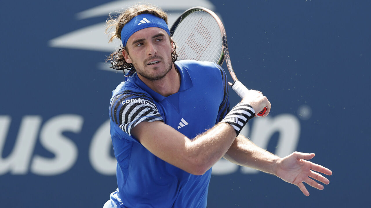 NEW YORK, NEW YORK - AUGUST 30: Stefanos Tsitsipas of Greece returns a shot against Dominic Stephan Stricker of Switzerland during their Men's Singles Second Round match on Day Two of the 2023 US Open at the USTA Billie Jean King National Tennis Center on August 30, 2023 in the Flushing neighborhood of the Queens borough of New York City.