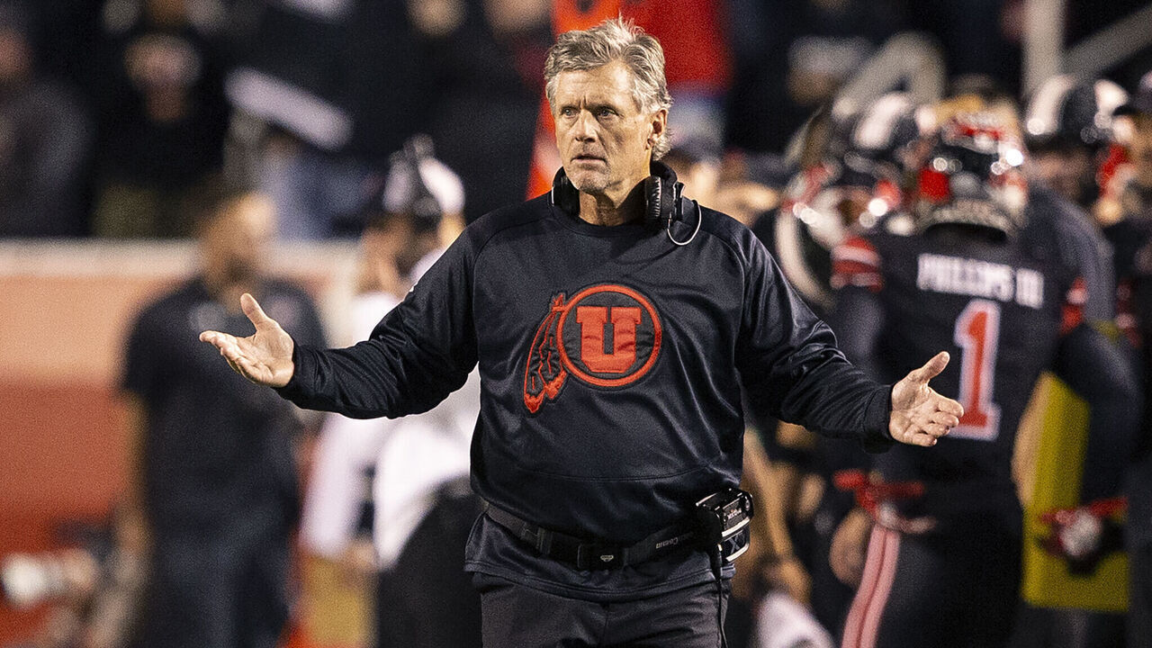 SALT LAKE CITY UT- OCTOBER 15: Kyle Whittingham head coach of the Utah Utes questions an officials call during the first half of their game agaisnt the USC Trojans October 15, 2022 Rice-Eccles Stadium in Salt Lake City Utah.