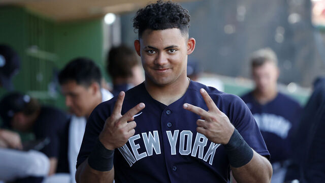 CLEARWATER, FL - FEBRUARY 25: Jasson Domínguez #89 of the New York Yankees smiles during a spring training game against the Philadelphia Phillies at BayCare Ballpark on February 25, 2023 in Clearwater, Florida.
