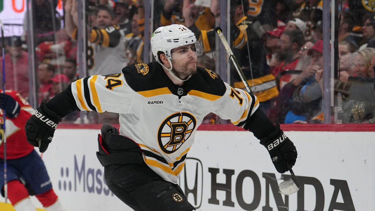 SUNRISE, FL - APRIL 23: Boston Bruins left wing Jake DeBrusk (74) celebrates after his goal in the third period during game four of the first round of the Eastern Conference Playoffs between the Boston Bruins and the Florida Panthers on Friday, April 23, 2023 at FLA Live Arena in Sunrise, Fla
