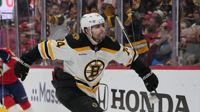 SUNRISE, FL - APRIL 23: Boston Bruins left wing Jake DeBrusk (74) celebrates after his goal in the third period during game four of the first round of the Eastern Conference Playoffs between the Boston Bruins and the Florida Panthers on Friday, April 23, 2023 at FLA Live Arena in Sunrise, Fla