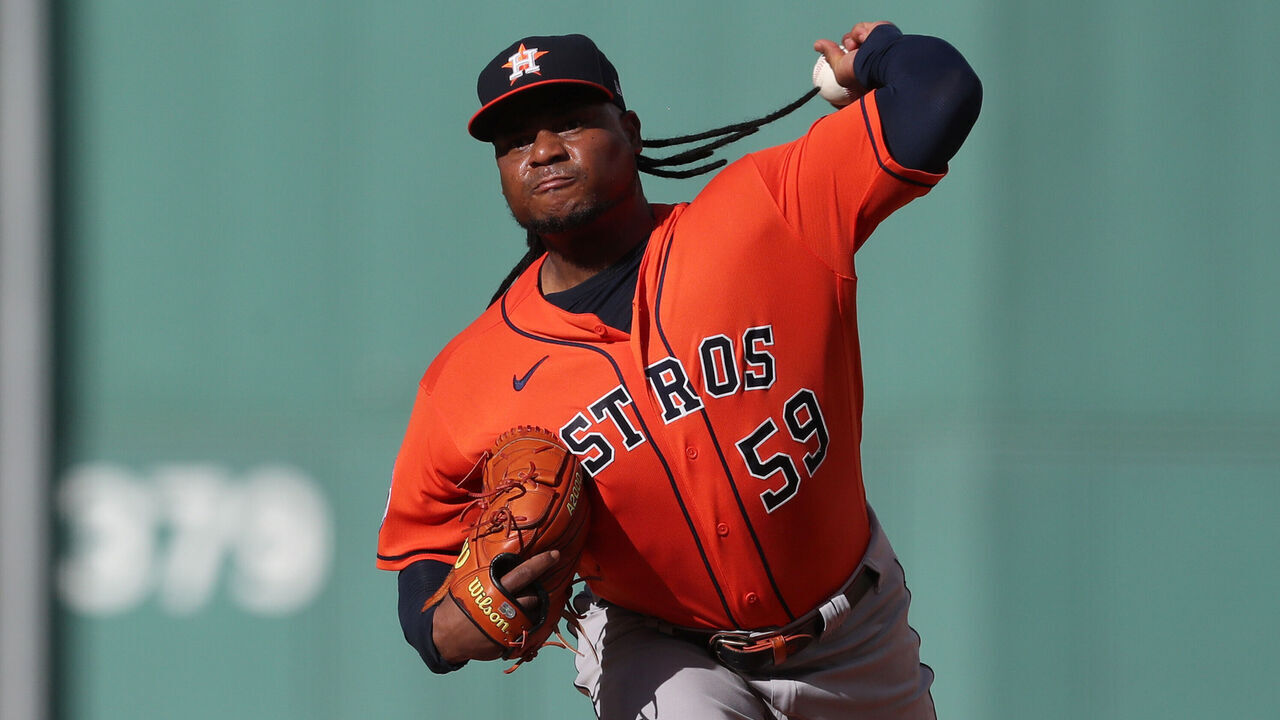 BOSTON, MASSACHUSETTS - AUGUST 30: Framber Valdez #59 of the Houston Astros pitches during the second inning against the Boston Red Sox at Fenway Park on August 30, 2023 in Boston, Massachusetts.