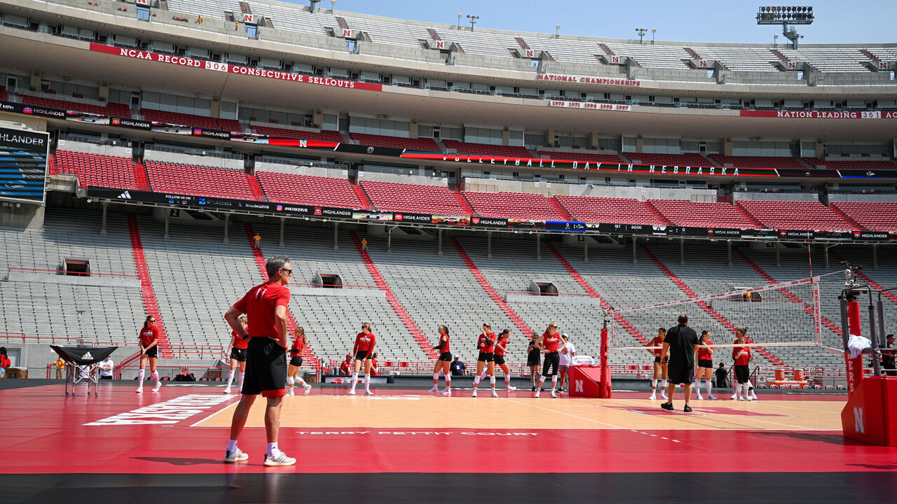 LINCOLN, NEBRASKA - AUGUST 30: Head coach John Cook of Nebraska Cornhuskers watches over practice before the match against the Omaha Mavericks at Memorial Stadium on August 30, 2023 in Lincoln, Nebraska.