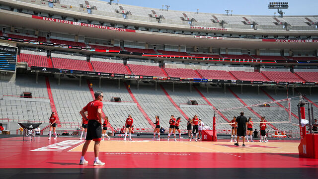 LINCOLN, NEBRASKA - AUGUST 30: Head coach John Cook of Nebraska Cornhuskers watches over practice before the match against the Omaha Mavericks at Memorial Stadium on August 30, 2023 in Lincoln, Nebraska.