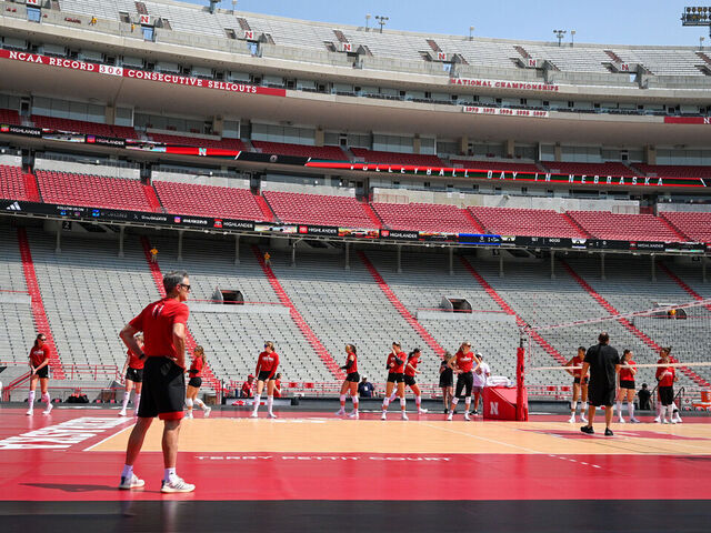 LINCOLN, NEBRASKA - AUGUST 30: Head coach John Cook of Nebraska Cornhuskers watches over practice before the match against the Omaha Mavericks at Memorial Stadium on August 30, 2023 in Lincoln, Nebraska.