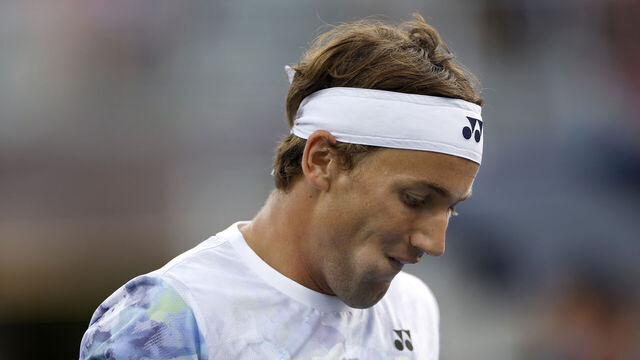 NEW YORK, NEW YORK - AUGUST 30: Casper Ruud of Norway reacts after a point against Zhizhen Zhang of China during their Men's Singles Second Round match on Day Th of the 2023 US Open at the USTA Billie Jean King National Tennis Center on August 30, 2023 in the Flushing neighborhood of the Queens borough of New York City.