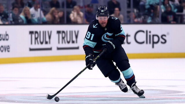 SEATTLE, WASHINGTON - APRIL 28: Daniel Sprong #91 of the Seattle Kraken skates against the Colorado Avalanche during the second period in Game Six of the First Round of the 2023 Stanley Cup Playoffs at Climate Pledge Arena on April 28, 2023 in Seattle, Washington.