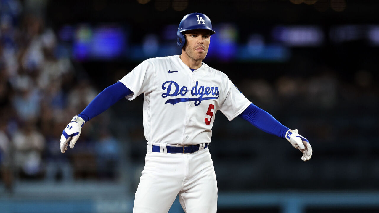 LOS ANGELES, CALIFORNIA - AUGUST 30: Freddie Freeman #5 of the Los Angeles Dodgers celebrates at second base after hitting his 51st double of the season during the fourth inning against the Arizona Diamondbacks at Dodger Stadium on August 30, 2023 in Los Angeles, California.
