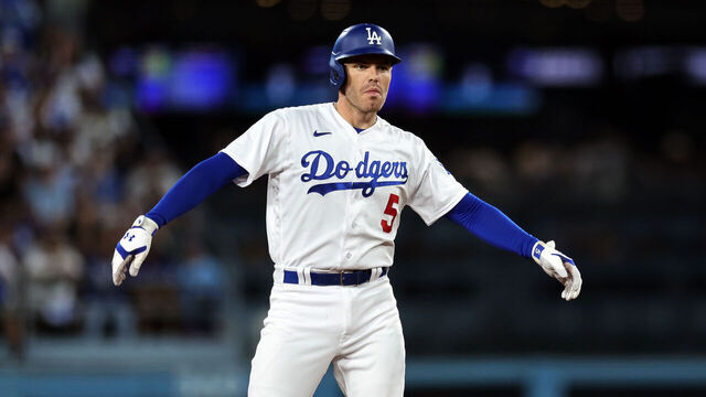 LOS ANGELES, CALIFORNIA - AUGUST 30: Freddie Freeman #5 of the Los Angeles Dodgers celebrates at second base after hitting his 51st double of the season during the fourth inning against the Arizona Diamondbacks at Dodger Stadium on August 30, 2023 in Los Angeles, California.