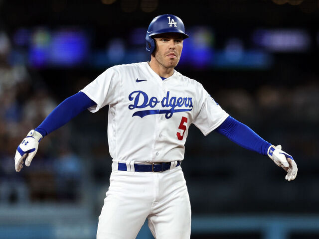 LOS ANGELES, CALIFORNIA - AUGUST 30: Freddie Freeman #5 of the Los Angeles Dodgers celebrates at second base after hitting his 51st double of the season during the fourth inning against the Arizona Diamondbacks at Dodger Stadium on August 30, 2023 in Los Angeles, California.