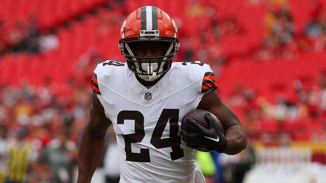 KANSAS CITY, MO - AUGUST 26: Cleveland Browns running back Nick Chubb (24) before an NFL preseason game between the Cleveland Browns and Kansas City Chiefs on Aug 26, 2023 at GEHA Field at Arrowhead Stadium in Kansas City, MO.