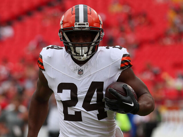 KANSAS CITY, MO - AUGUST 26: Cleveland Browns running back Nick Chubb (24) before an NFL preseason game between the Cleveland Browns and Kansas City Chiefs on Aug 26, 2023 at GEHA Field at Arrowhead Stadium in Kansas City, MO.