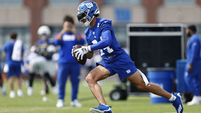 EAST RUTHERFORD, NEW JERSEY - JULY 27: Wide receiver Jalin Hyatt #84 runs a play during training camp at NY Giants Quest Diagnostics Training Center on July 27, 2023 in East Rutherford, New Jersey.