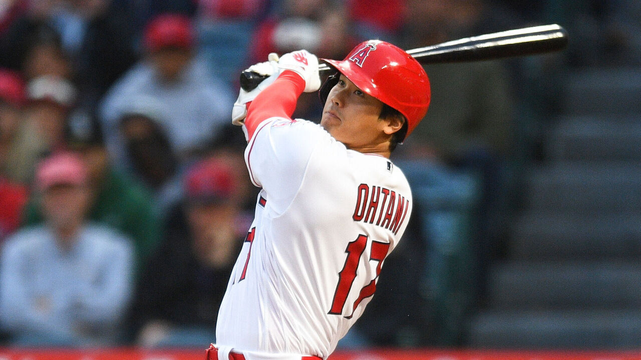 ANAHEIM, CA - MAY 23: Los Angeles Angels designated hitter Shohei Ohtani (17) swings at a pitch during the MLB game between the Boston Red Sox and the Los Angeles Angels of Anaheim on May 23, 2023 at Angel Stadium of Anaheim in Anaheim, CA.