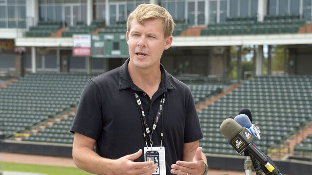 SCHAUMBURG, IL - JULY 30: Chicago White Sox Director of Player Development Chris Getz addresses the media while social distancing following an MLB taxi squad workout on July 30, 2020 at Boomers Stadium in Schaumburg, Illinois.