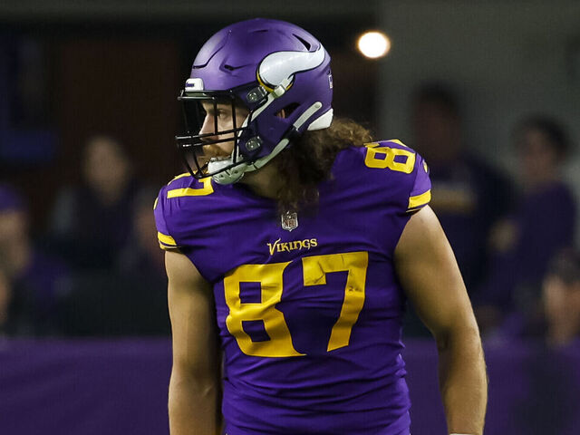 MINNEAPOLIS, MN - NOVEMBER 24: T.J. Hockenson #87 of the Minnesota Vikings readies for the play against the New England Patriots in the second quarter of the game at U.S. Bank Stadium in Minneapolis, Minnesota. The Vikings defeated the Patriots 33-26.