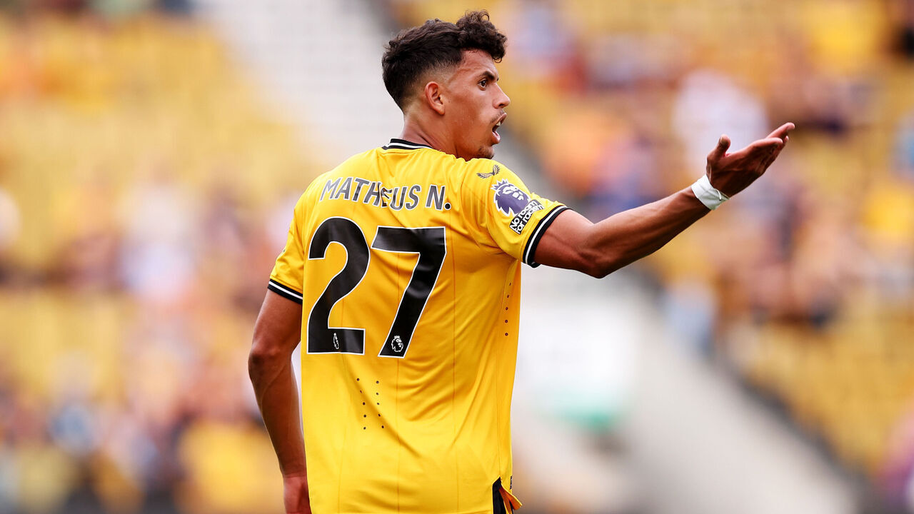 WOLVERHAMPTON, ENGLAND - AUGUST 19: Matheus Nunes of Wolverhampton Wanderers reacts after receiving a red card during the Premier League match between Wolverhampton Wanderers and Brighton & Hove Albion at Molineux on August 19, 2023 in Wolverhampton, England.