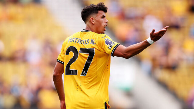 WOLVERHAMPTON, ENGLAND - AUGUST 19: Matheus Nunes of Wolverhampton Wanderers reacts after receiving a red card during the Premier League match between Wolverhampton Wanderers and Brighton & Hove Albion at Molineux on August 19, 2023 in Wolverhampton, England.