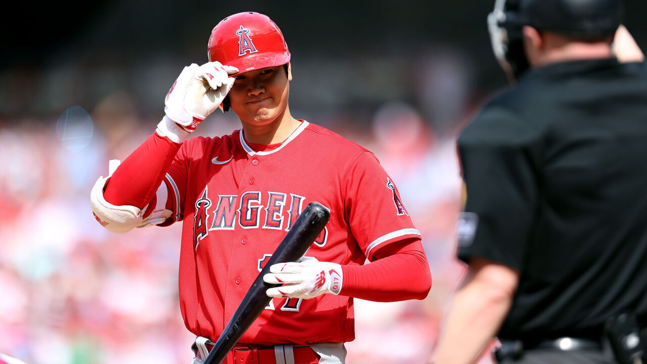 PHILADELPHIA, PENNSYLVANIA - AUGUST 30: Shohei Ohtani #17 of the Los Angeles Angels reacts during the eighth inning against the Philadelphia Phillies at Citizens Bank Park on August 30, 2023 in Philadelphia, Pennsylvania.