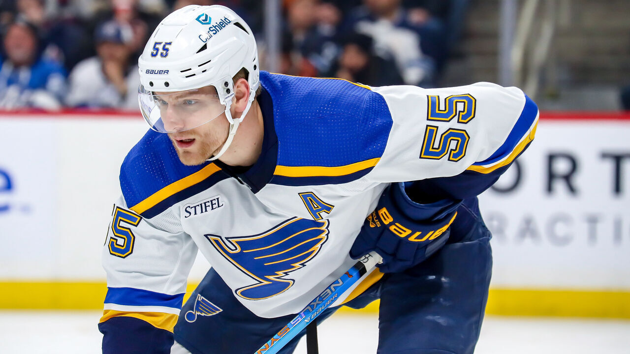 WINNIPEG, CANADA - JANUARY 30: Colton Parayko #55 of the St. Louis Blues looks on as he gets set for a first period face-off against the Winnipeg Jets at the Canada Life Centre on January 30, 2023 in Winnipeg, Manitoba, Canada. The Jets defeated the Blues 4-2.