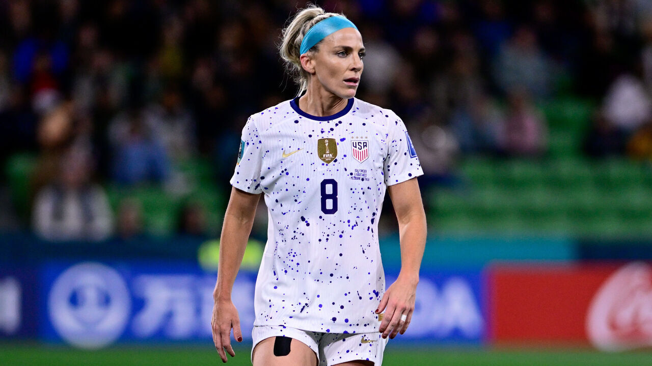 MELBOURNE, AUSTRALIA - AUGUST 6: Julie Ertz #8 of USA defending during a game between Sweden and USWNT at Melbourne Rectangular Stadium on August 6, 2023 in Melbourne, Australia.