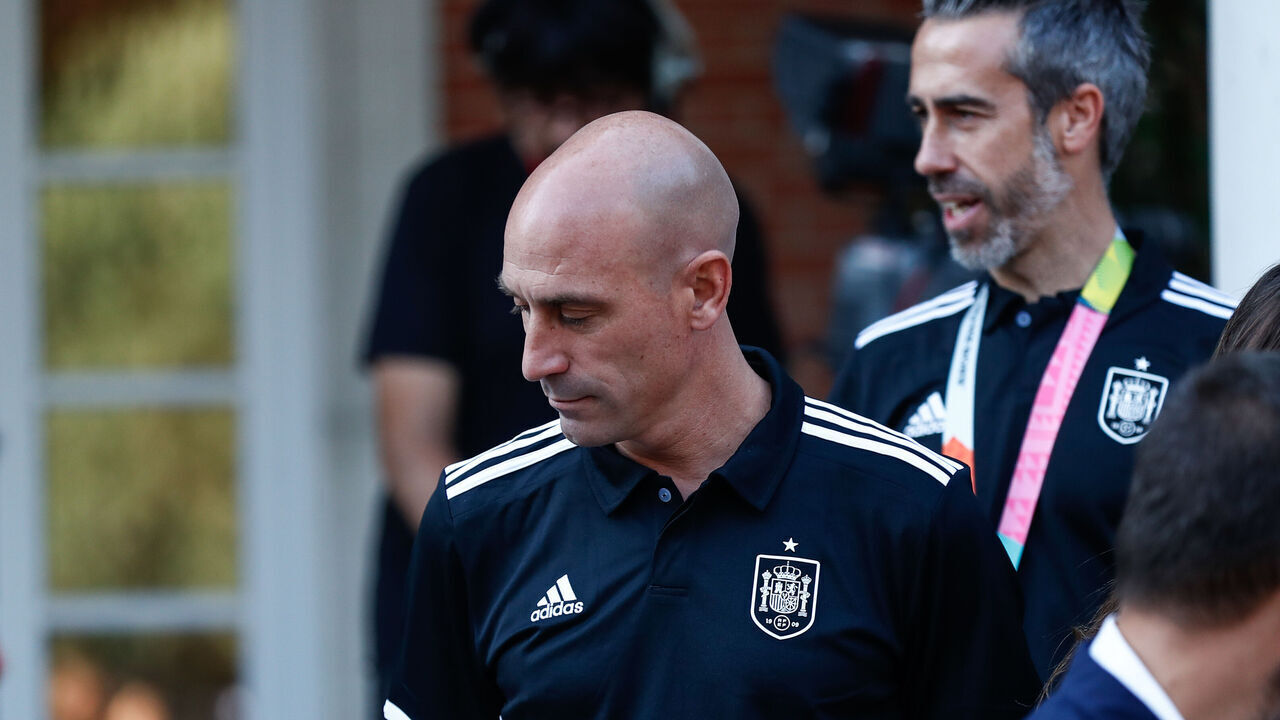 MADRID, SPAIN - AUGUST 22: Luis Rubiales attends a reception hosted by Pedro Sanchez, First Minister of Spain (not pictured) for the players and staff of the Spain women's national football team after they won the FIFA Women's World Cup Australia & New Zealand 2023 at Palacio de la Moncloa on August 22, 2023, in Madrid, Spain.
