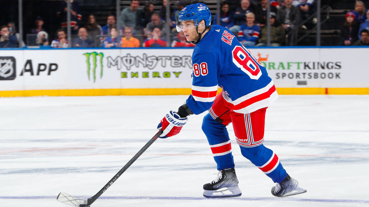 NEW YORK, NEW YORK - MARCH 19: Patrick Kane #88 of the New York Rangers skates with the puck against the Nashville Predators at Madison Square Garden on March 19, 2023 in New York City.