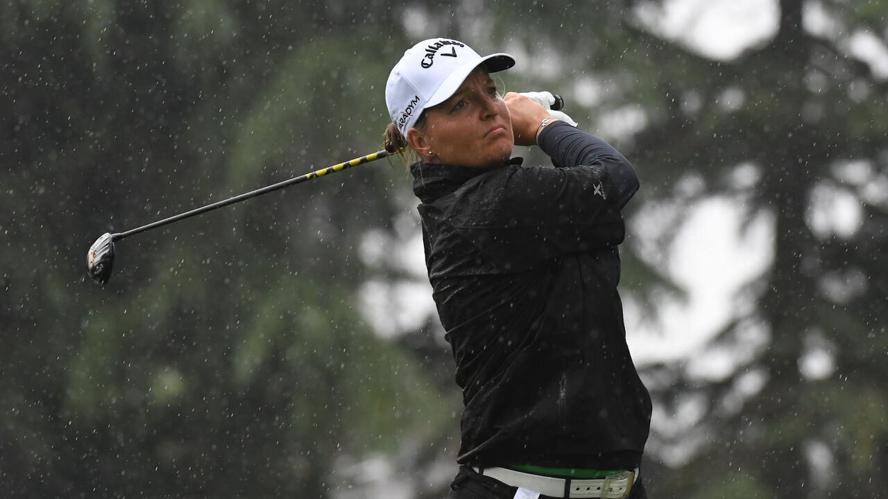 PORTLAND, OREGON - AUGUST 31: Perrine Delacour of France plays her shot from the 11th tee during the first round of the Portland Classic at Columbia Edgewater Country Club on August 31, 2023 in Portland, Oregon.