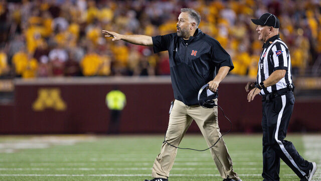 MINNEAPOLIS, MN - AUGUST 31: Nebraska Cornhuskers Head Coach Matt Rhule yells out instructions in the second quarter of the college football game between the Nebraska Cornhuskers and Minnesota Golden Gophers on August 31, 2023, at Huntington Bank Stadium in Minneapolis, MN.