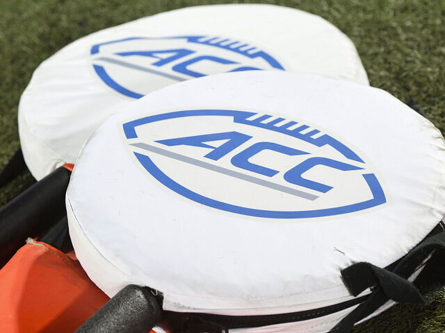 LOUISVILLE, KY - OCTOBER 22: The ACC logo is seen on down and distance markers on the sideline before the college football game between the Pittsburgh Panthers and the Louisville Cardinals on October 22, 2022, at Cardinal Stadium in Louisville, Kentucky.