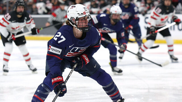 LOS ANGELES, CALIFORNIA - DECEMBER 19: Taylor Heise of Team USA skates into the Canadian zone during the second period in the Canada USA Rivalry Series at Crypto.com Arena on December 19, 2022 in Los Angeles, California.