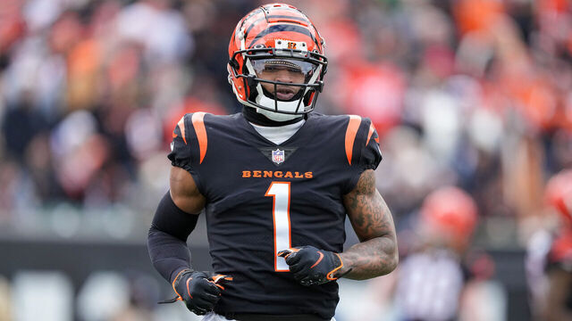 CINCINNATI, OHIO - JANUARY 08: Ja'Marr Chase #1 of the Cincinnati Bengals lines up for a play in the first quarter against the Baltimore Ravens at Paycor Stadium on January 08, 2023 in Cincinnati, Ohio.