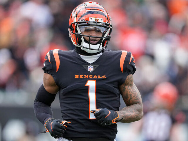 CINCINNATI, OHIO - JANUARY 08: Ja'Marr Chase #1 of the Cincinnati Bengals lines up for a play in the first quarter against the Baltimore Ravens at Paycor Stadium on January 08, 2023 in Cincinnati, Ohio.
