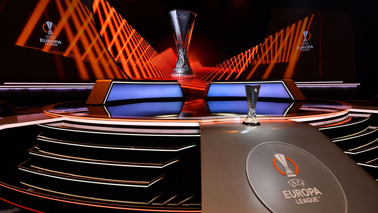 MONACO, MONACO - SEPTEMBER 01: The UEFA Europa League trophy is seen on the stage prior to the UEFA Europa League 2023/24 Group Stage Draw at Grimaldi Forum on September 01, 2023 in Monaco, Monaco.