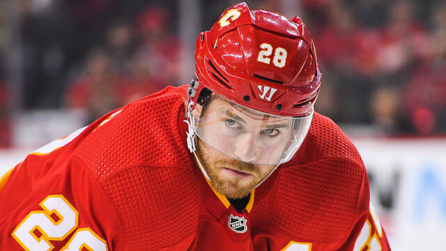 CALGARY, CANADA - APRIL 2: Elias Lindholm #28 of the Calgary Flames in action against the Anaheim Ducks during an NHL game at Scotiabank Saddledome on April 2, 2023 in Calgary, Alberta, Canada. The Flames defeated the Ducks 5-4.