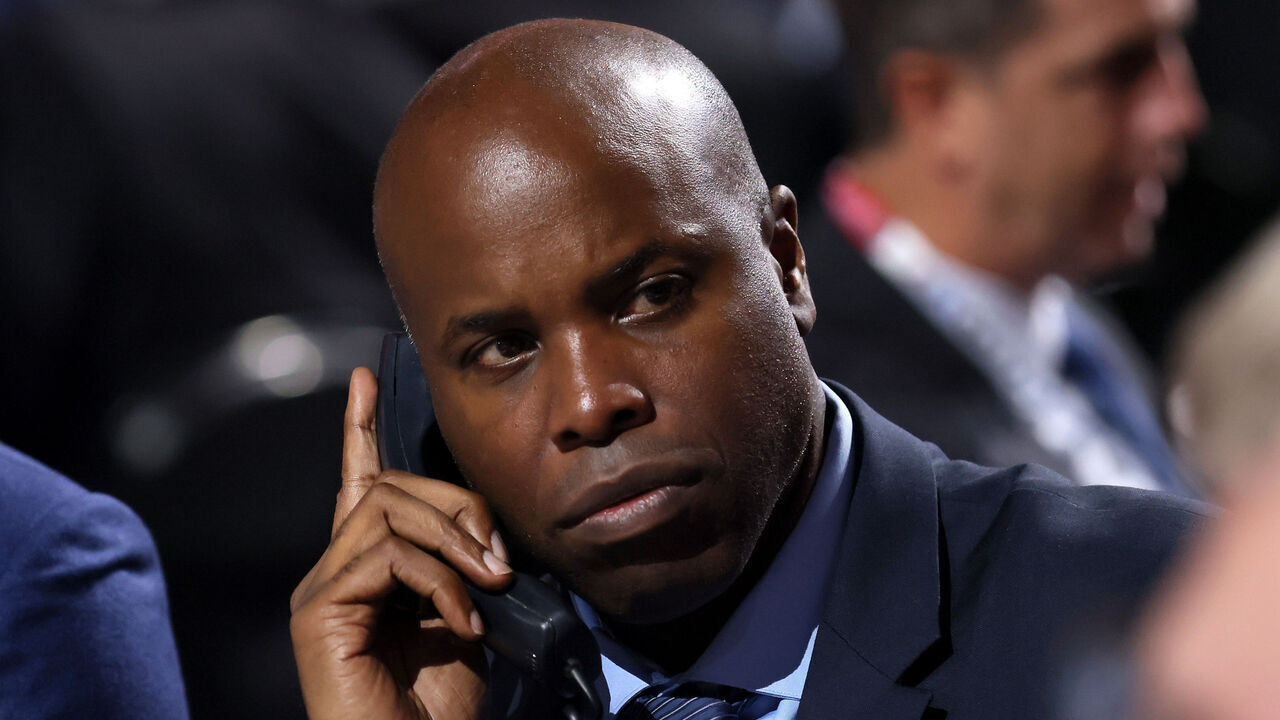 MONTREAL, QUEBEC - JULY 08: General Manager Mike Grier of the San Jose Sharks looks on during Round Five of the 2022 Upper Deck NHL Draft at Bell Centre on July 08, 2022 in Montreal, Quebec, Canada.