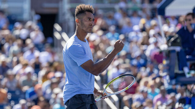 NEW YORK, USA: August 31: Michael Mmoh of the United States reacts during his match against John Isner of the United States in the Men's Singles round two match on a packed Grandstand during the US Open Tennis Championship 2023 at the USTA National Tennis AshCentre on August 31st, 2023 in Flushing, Queens, New York City.
