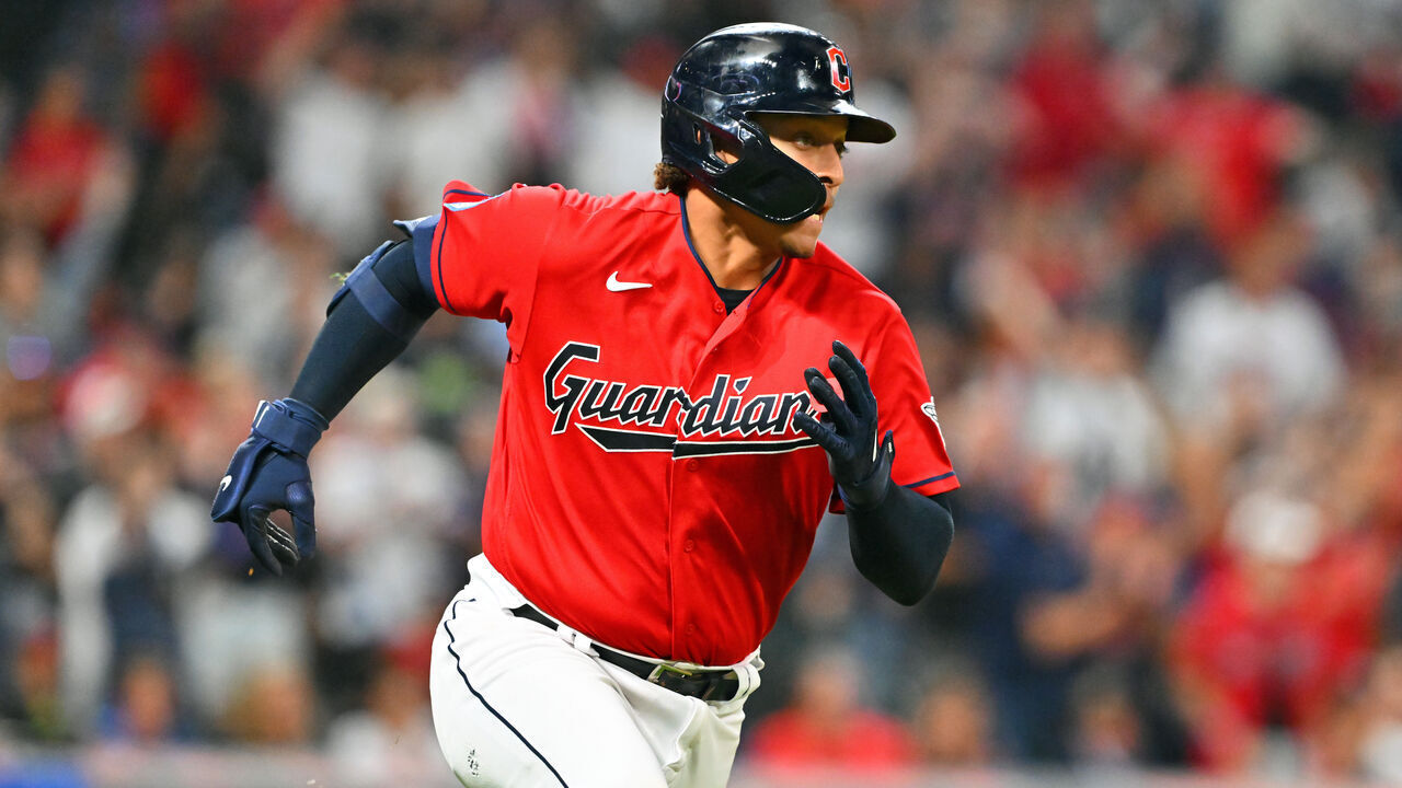CLEVELAND, OHIO - SEPTEMBER 01: Bo Naylor #23 of the Cleveland Guardians runs out an RBI double during the seventh inning against the Tampa Bay Rays at Progressive Field on September 01, 2023 in Cleveland, Ohio.