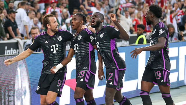 MOENCHENGLADBACH, GERMANY - SEPTEMBER 2: Mathys Tel of FC Bayern Muenchen celebrates after scoring his team's second goal with teammates during the Bundesliga match between Borussia Mönchengladbach and FC Bayern München at Borussia Park Stadium on September 2, 2023 in Moenchengladbach, Germany.
