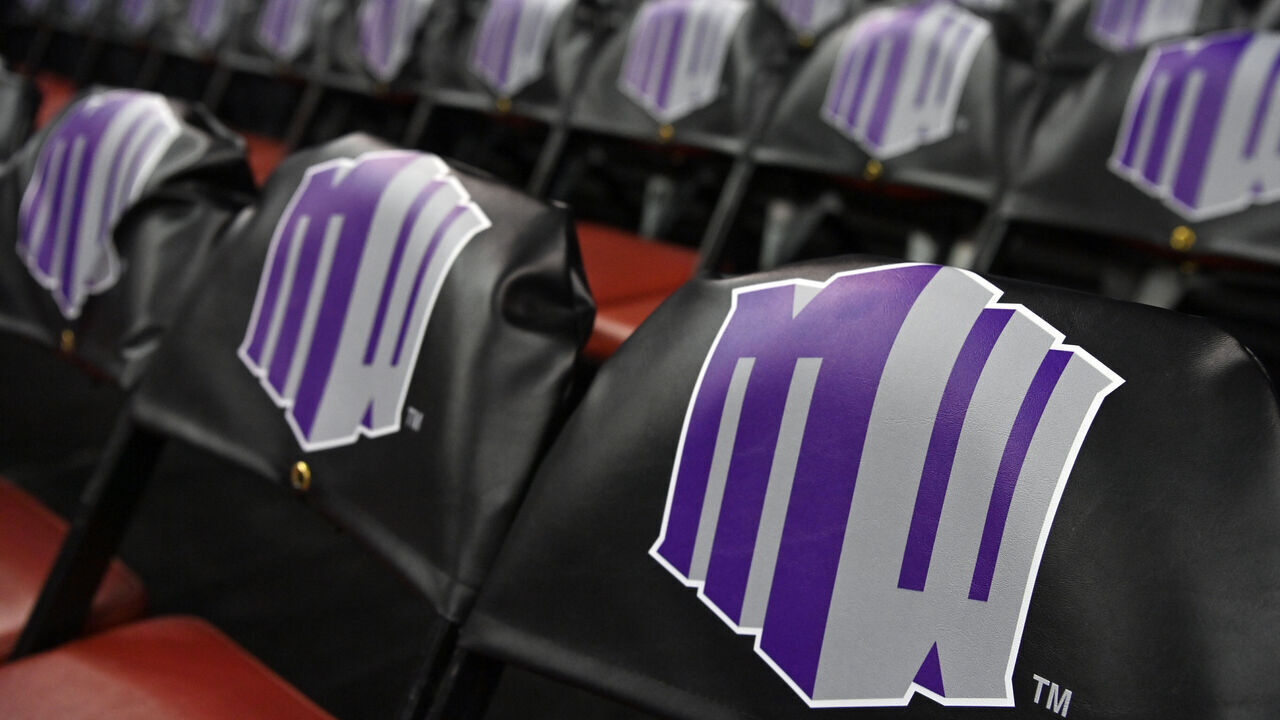 LAS VEGAS, NEVADA - MARCH 10: The Mountain West logo is seen on seat backs before a semifinal game between the San Diego State Aztecs and the San Jose State Spartans in the Mountain West basketball tournament at the Thomas & Mack Center on March 10, 2023 in Las Vegas, Nevada.