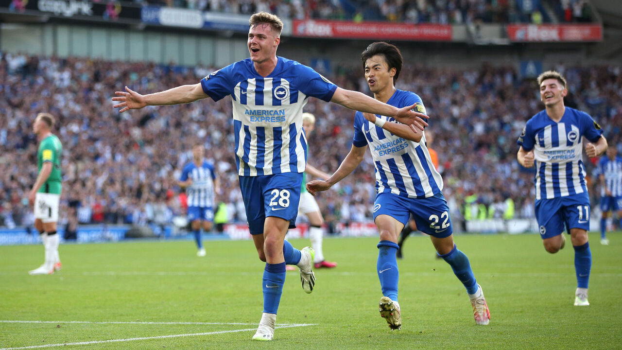 BRIGHTON, ENGLAND - SEPTEMBER 02: Evan Ferguson of Brighton & Hove Albion celebrates after scoring his and the team's third goal during the Premier League match between Brighton & Hove Albion and Newcastle United at American Express Community Stadium on September 02, 2023 in Brighton, England.