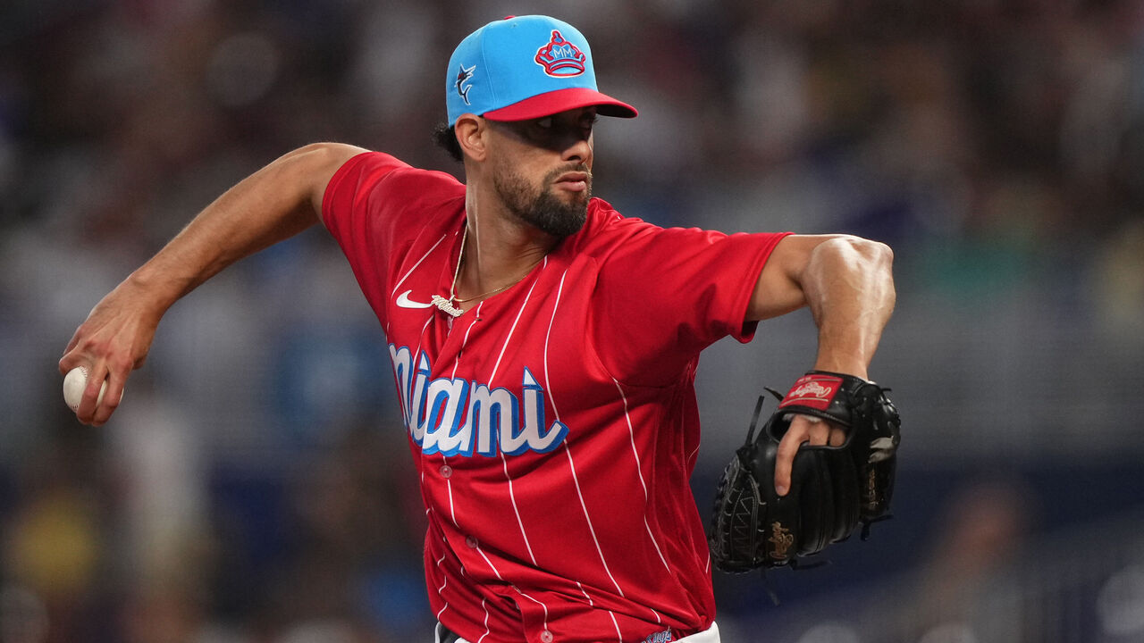 MIAMI, FLORIDA - JULY 29: Jorge López #52 of the Miami Marlins pitches in the game against the Detroit Tigers at loanDepot park on July 29, 2023 in Miami, Florida.
