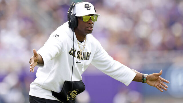 FORT WORTH, TX - SEPTEMBER 2: Head coach Deion Sanders of the Colorado Buffaloes celebrates a touchdown against the TCU Horned Frogs during the first half at Amon G. Carter Stadium on September 2, 2023 in Fort Worth, Texas.