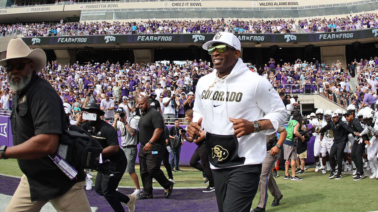 FORT WORTH, TX - SEPTEMBER 2: Head coach Deion Sanders of the Colorado Buffaloes takes the field before the game against the TCU Horned Frogs at Amon G. Carter Stadium on September 2, 2023 in Fort Worth, Texas.
